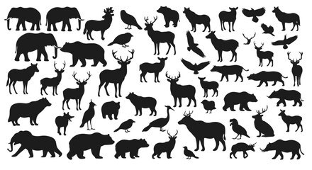 Wildlife silhouettes show a diverse animal collection, featuring birds, elephants, bears, deer, and other creatures in a stark black design.