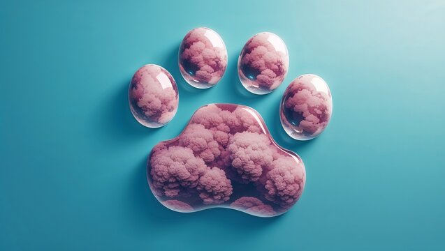 Floating stylized paw print glowing over teal gradient backdrop, with billowy pink cloud bubbles - Powered by Adobe