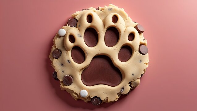 Featuring pawprint cookie with dark chocolate filling on pink desk, showing chips and white candies - Powered by Adobe