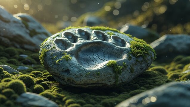 Resting moss-covered rock featuring paw print carving on forest floor, with green moss mats - Powered by Adobe