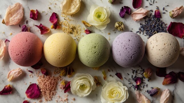 Colorful Bath Bombs with Floral Accents on Marble Surface
