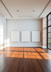 Obraz premium Empty gallery room with three blank canvases hardwood floor brick wall and large window Empty room interior design architecture blank design room