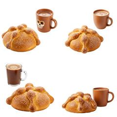 Set Traditional pan de muerto bread with hot cocoa and Day of the Dead concept  