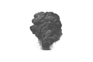 Heavy smoke explosion cloud, PNG isolated on transparent background. Dense blast effect and dark abstract.