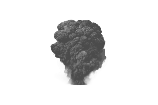 Heavy smoke explosion cloud, PNG isolated on transparent background. Dense blast effect and dark abstract.