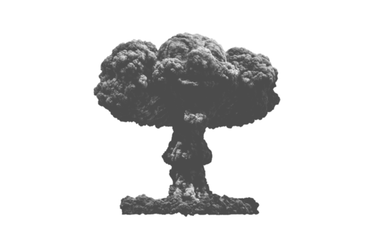 Mushroom cloud explosion, PNG isolated on transparent background. Atomic blast effect and war concept.