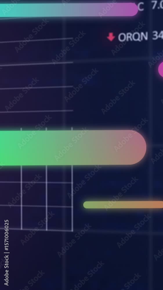 Poster animation of abstract patterns over graphs, trading board and computer language on blue background
