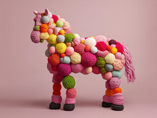 Colorful Yarn Sculpture Shaped Like a Horse Against Minimalistic Background