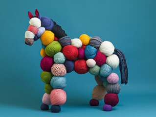 Colorful Yarn Sculpture Shaped Like a Horse Against Minimalistic Background