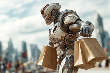 Shiny robot exoskeleton carries groceries in a bustling city with modern architecture