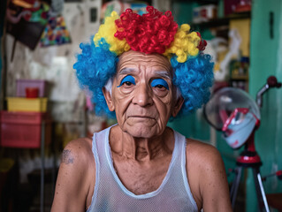 Elderly Man With Colorful Wig and Fun Makeup in a Vibrant Room