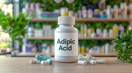 A close-up of a white bottle labeled 'Adipic Acid' surrounded by colorful capsules and a green plant.