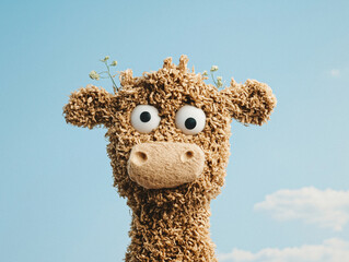 Handcrafted Soft Sculpture of a Cow Using Textured Yarn Materials