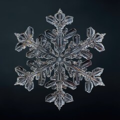 Intricate six-pointed snowflake, detailed crystal structure,  displayed against a dark grey backdrop, showcasing delicate, translucent branches and complex geometric patterns