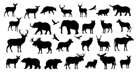 Silhouettes of diverse wildlife present iconic mammals and soaring birds in stark black contrast against a white background.