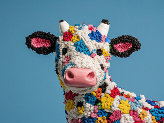 Handcrafted Soft Sculpture of a Cow Using Textured Yarn Materials