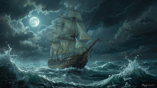 Navigating wooden sailing ship in stormy seas under full moon, with tattered sails and lightning