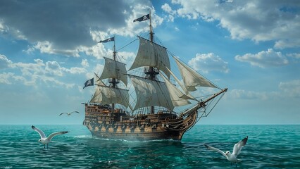 Fototapeta premium Sailing three-masted wooden pirate ship through calm waters, billowing sails and flying seagulls