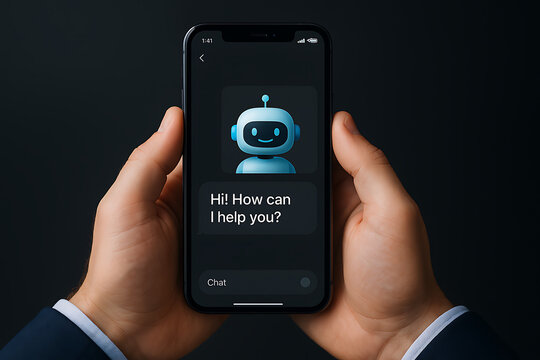 AI bot, chatbot interface, ChatGPT style, virtual assistant, blue robot avatar, friendly AI, smartphone screen, conversational AI, smart assistant, mobile chatbot, digital helper, AI interaction, chat