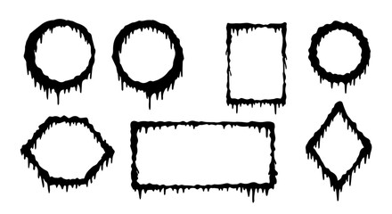 Graphic asset featuring assorted dripping geometric shapes, including circles, squares, rectangles, and diamonds for Halloween or gothic themes, silhouette