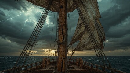 Bracing central wooden mast and rigging against storm gusts on open ocean deck, with tattered sails