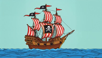 Sailing pirate galleon showing wooden hull, five red and white sails, Jolly Roger flags at sea