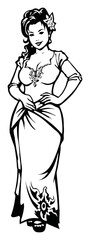 Elegant Hand-Drawn Illustration of a Woman in Traditional Dress Design