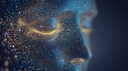 Close-up of a human face covered in glowing star field and cosmic particle, AI generated