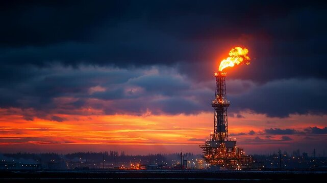 long shot of flare stack burning gas at twilight, moody horizon, energy consumption metaphor