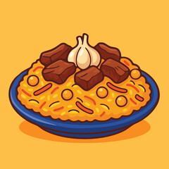 Colorful cartoon-style vector illustration of Uzbek plov (rice pilaf) with meat chunks, chickpeas, carrots, and garlic. Perfect for children’s menus, cultural cookbooks, or food-related designs.

