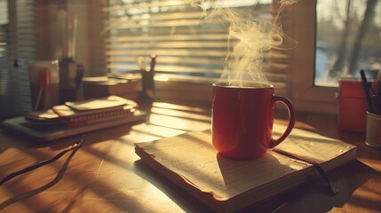 Warm and cozy flat lay of kraft notebook, handwritten notes, and black coffee in morning light