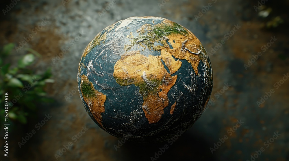 Sticker an earth globe stands on a weathered surface with some greenery in the blurry background