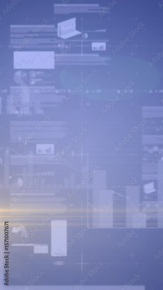 Poster animation of data processing and light spots over blue background