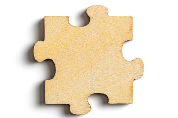 wooden jigsaw puzzle pieces isolated on white background.