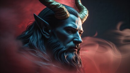 Obraz premium Demonic humanoid figure glowing under red backlight in realm, with golden horns and swirling mist