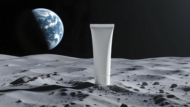 A cosmetic product mockup tube is displayed on the moon's surface. This futuristic concept, with planet Earth visible in space, is ideal for advertising advanced skincare or universal bea