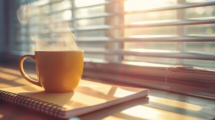 Serene flat lay of kraft notebook, handwritten notes, and steaming coffee in gentle morning light
