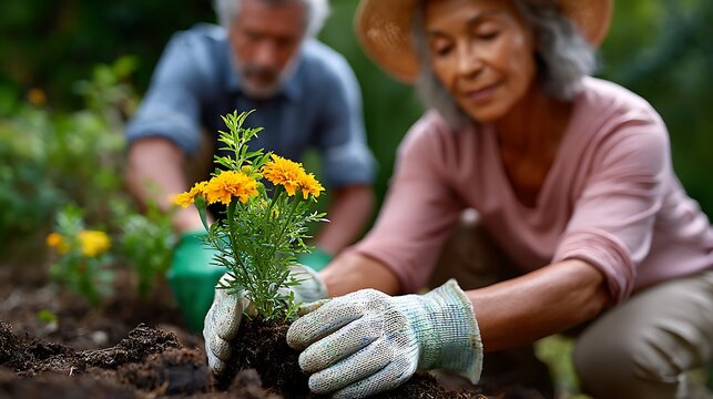 Mature couple lovingly gardening together planting bright yellow flowers in their beautiful garden. - Powered by Adobe