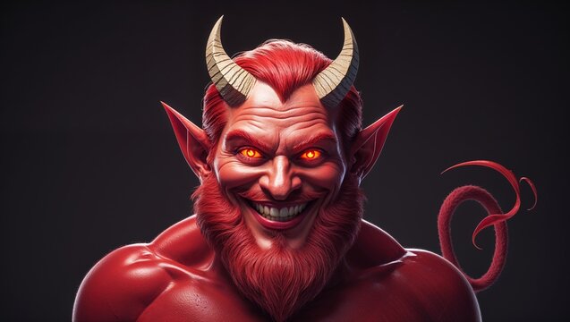 Grinning red-skinned horned demon showing sharp teeth against black background, with ears and tail