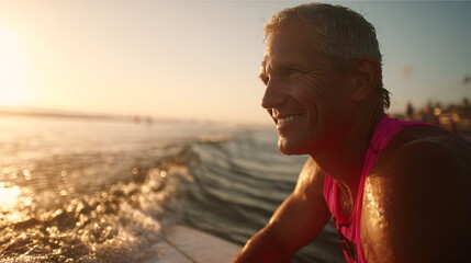 Mature man surfer with a kind smile on a surfboard at sunset with waves. Happy active senior male enjoying watersport. Summer