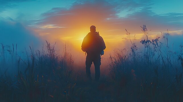 A lone figure walking into a beautiful sunset, amidst tall grass and soft, hazy clouds