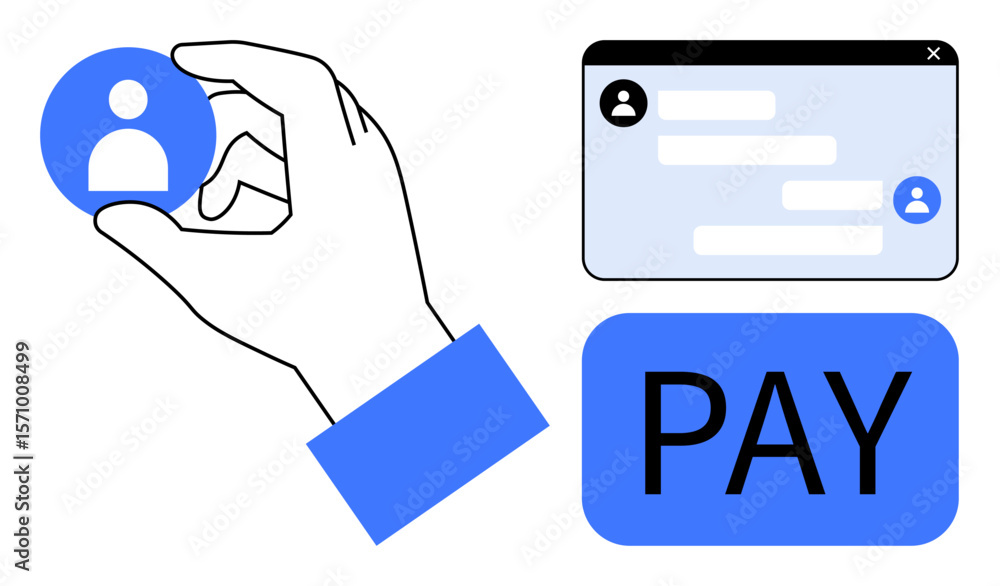 Poster hand holding user profile icon next to payment button and chat interface. ideal for payment system, 