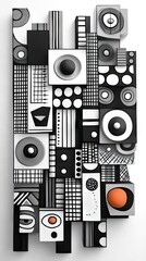 Obraz premium Abstract monochrome block composition with circles, lines, and texture on a white background