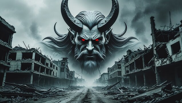 Hovering spectral demonic head looming over war-ravaged street, with glowing red eyes and horns