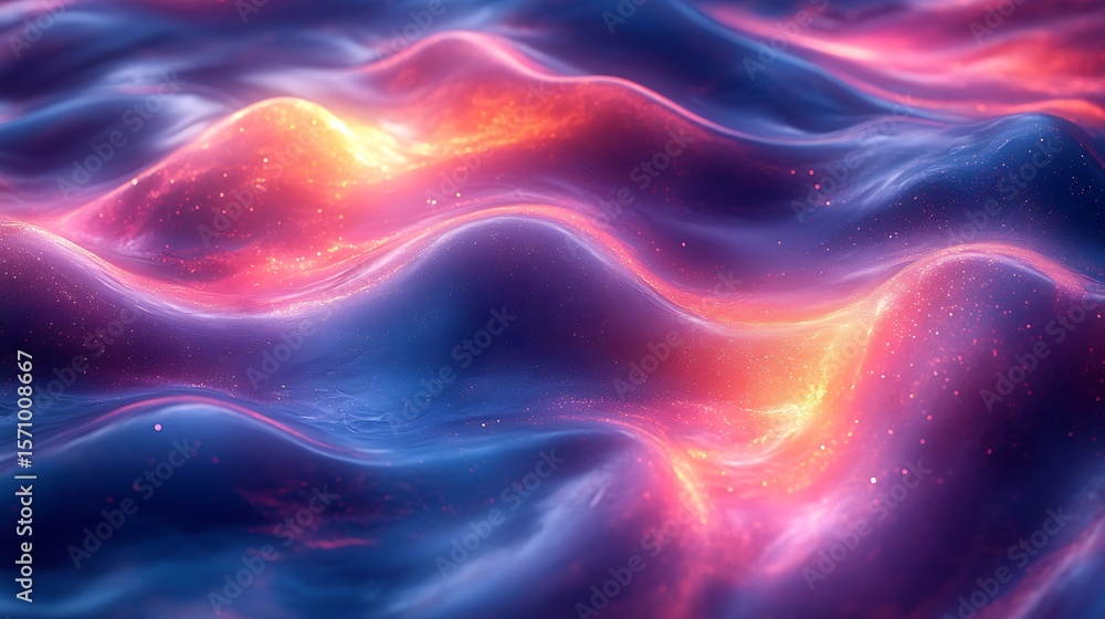 Poster abstract wavy landscape: mesmerizing flow of vibrant colors with sparkling accents, creating a dream