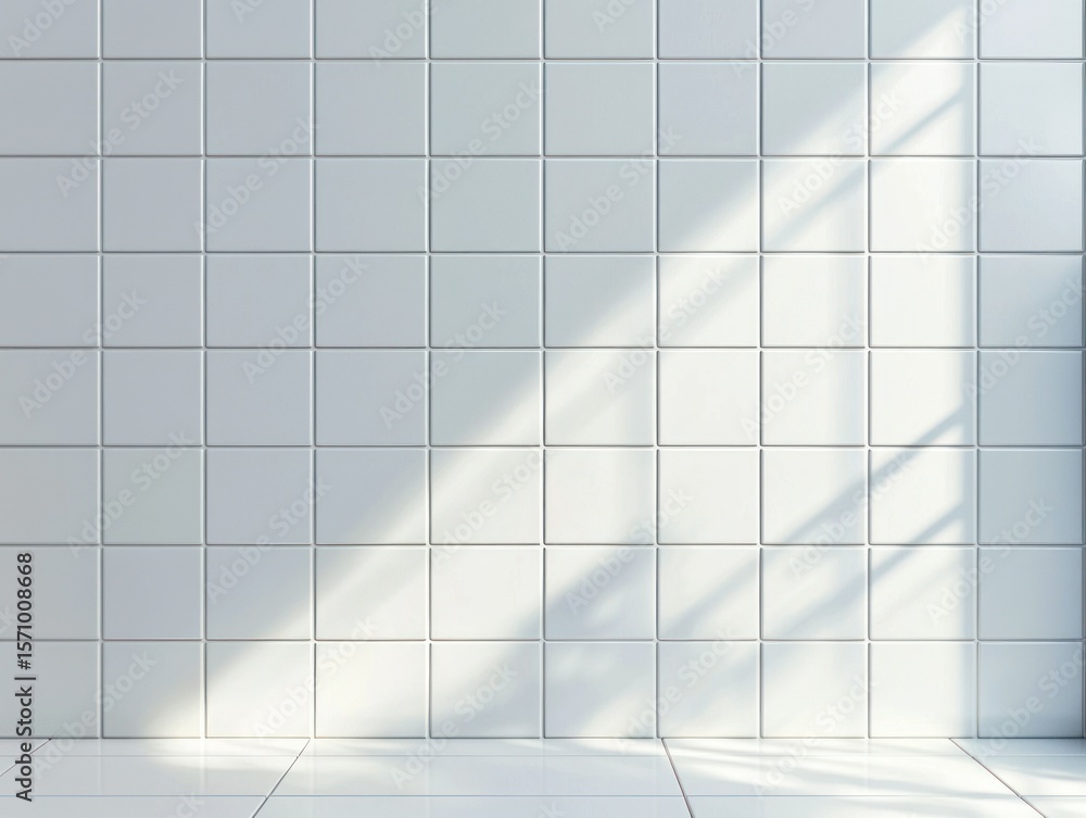 Poster white tiled wall with shadows creating a pattern