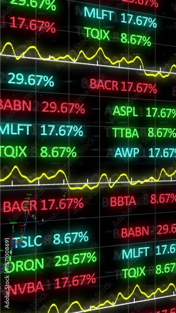Poster animation of data processing and stock market over black background