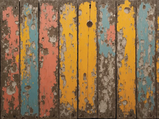 Obraz premium Weathered wooden surface with peeling yellow, blue, and reddish-orange paint, showing rustic, aged texture. 