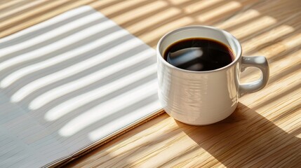 Warm flat lay of kraft notebook with handwritten notes and steaming coffee in morning light