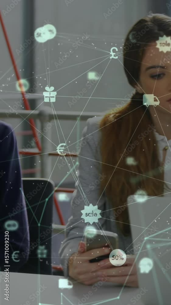Aufkleber animation of network with connections and data processing over diverse business people